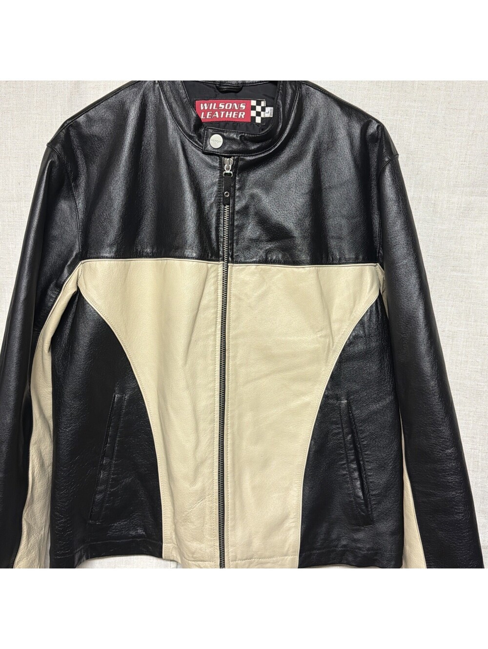 Wilsons Leather Mens Black White Cafe Racer Motorcycle Jacket Size L
